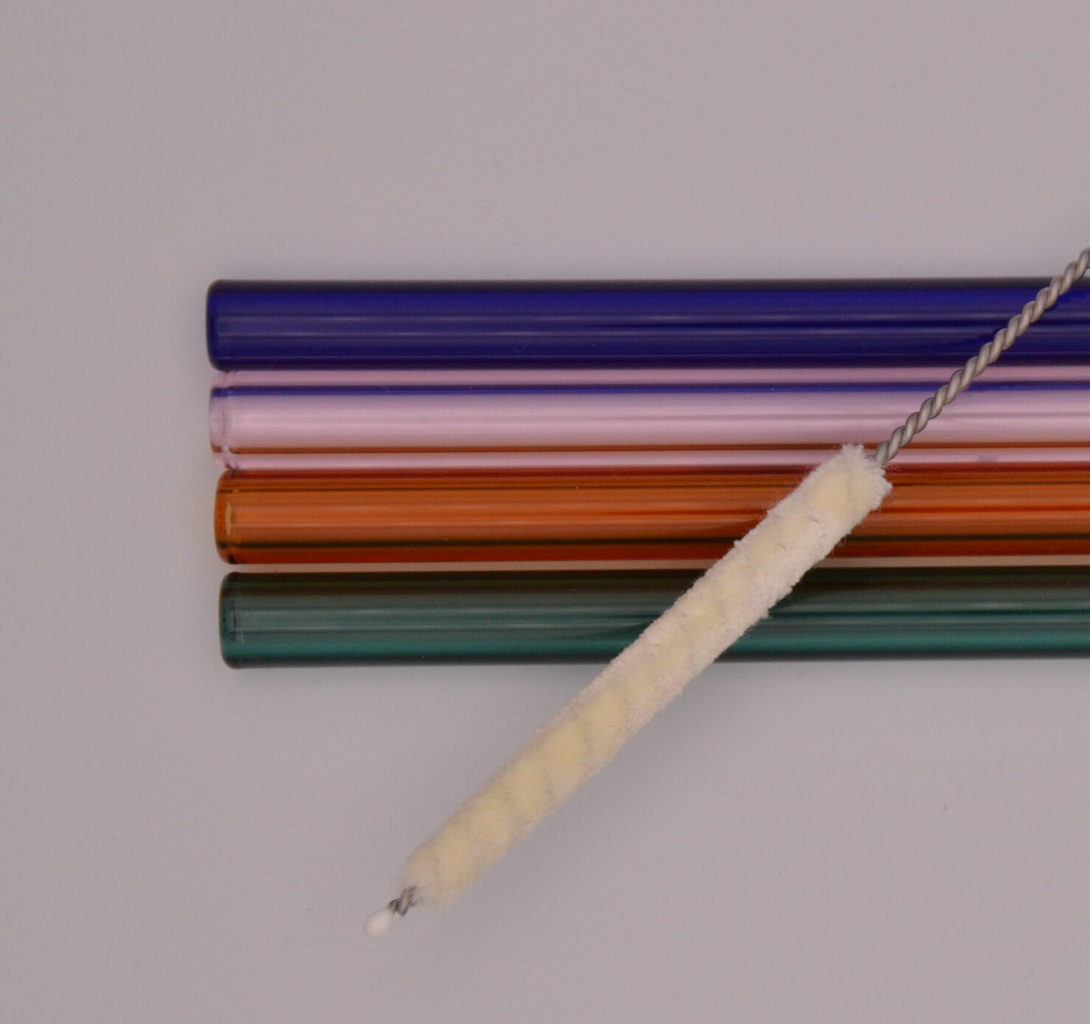 4 Bunte Röhrli Glastrinkhalme mit Reinigungsbürste